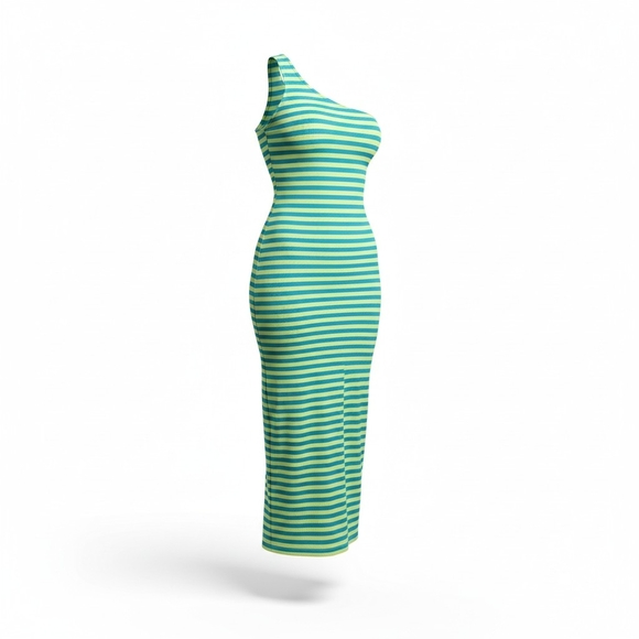 Dolls Kill Dresses & Skirts - Dolls Kill | Teal and Neon Green Striped One-Shoulder Bodycon Dress NWOT